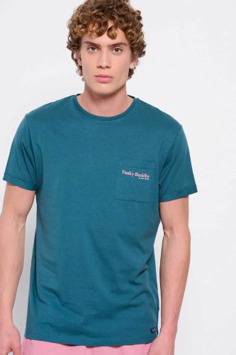 Funky Buddha ανδρικό βαμβακερό T-shirt μονόχρωμο με τσέπη slip και contrast logo print - FBM007-011-04 Πετρόλ M